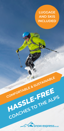 Poster graphic of a man skiing down a sunny slope in the Alps. The text reads "Comfortable &amp; Sustainable. Hassle-free coaches to the alps" with the Snow Express logo in the bottom right corner.